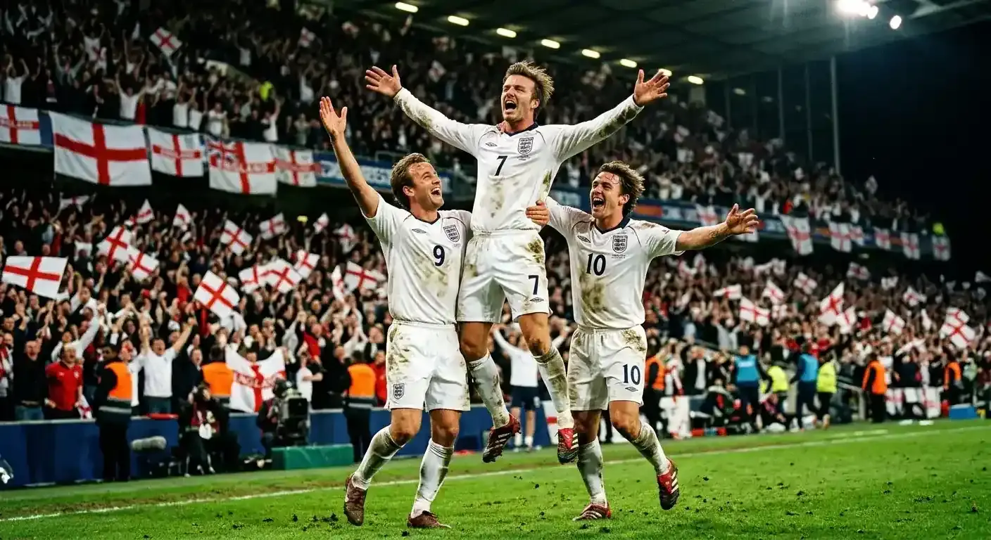 Engleski nogometaši slave gol u posljednjim minutama utakmice, engleska zastava na tribinama, euforična atmosfera stadiona