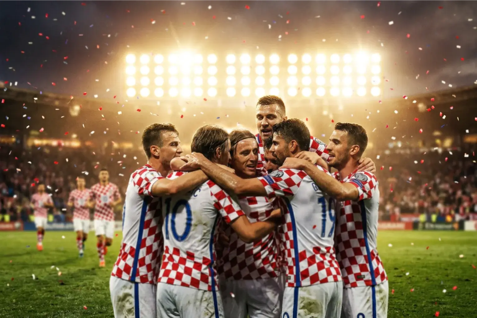 Hrvatski nogometni reprezentativci u crveno-bijelim dresovima slave na terenu