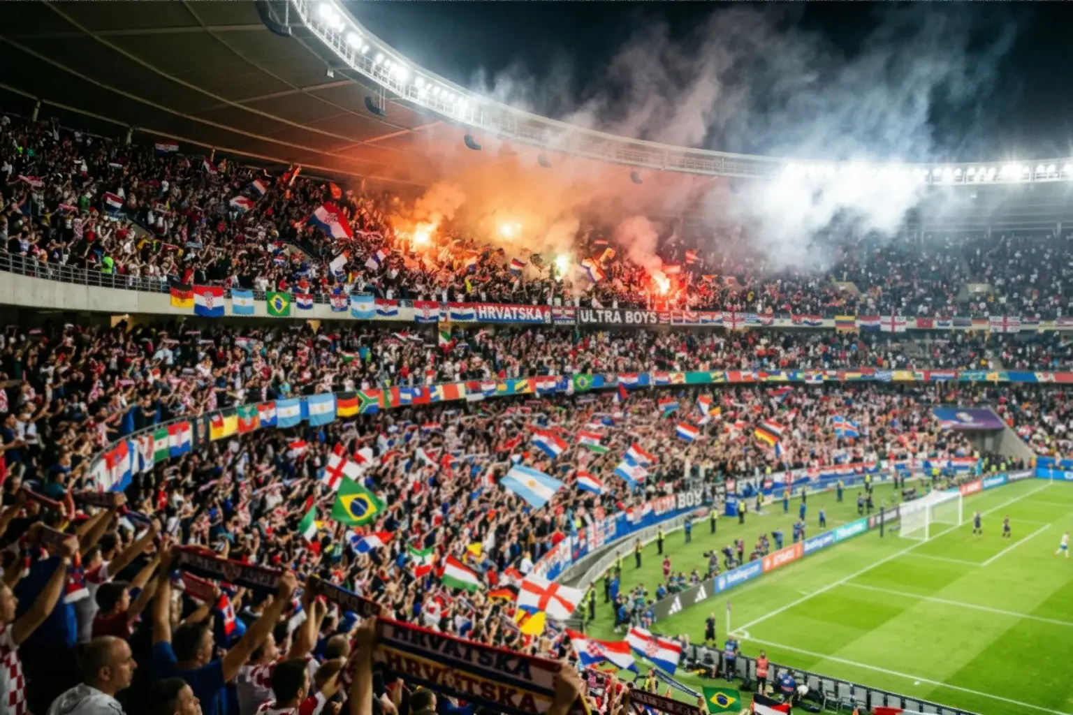 Navijači na tribinama stadiona mašu zastavama uoči početka utakmice