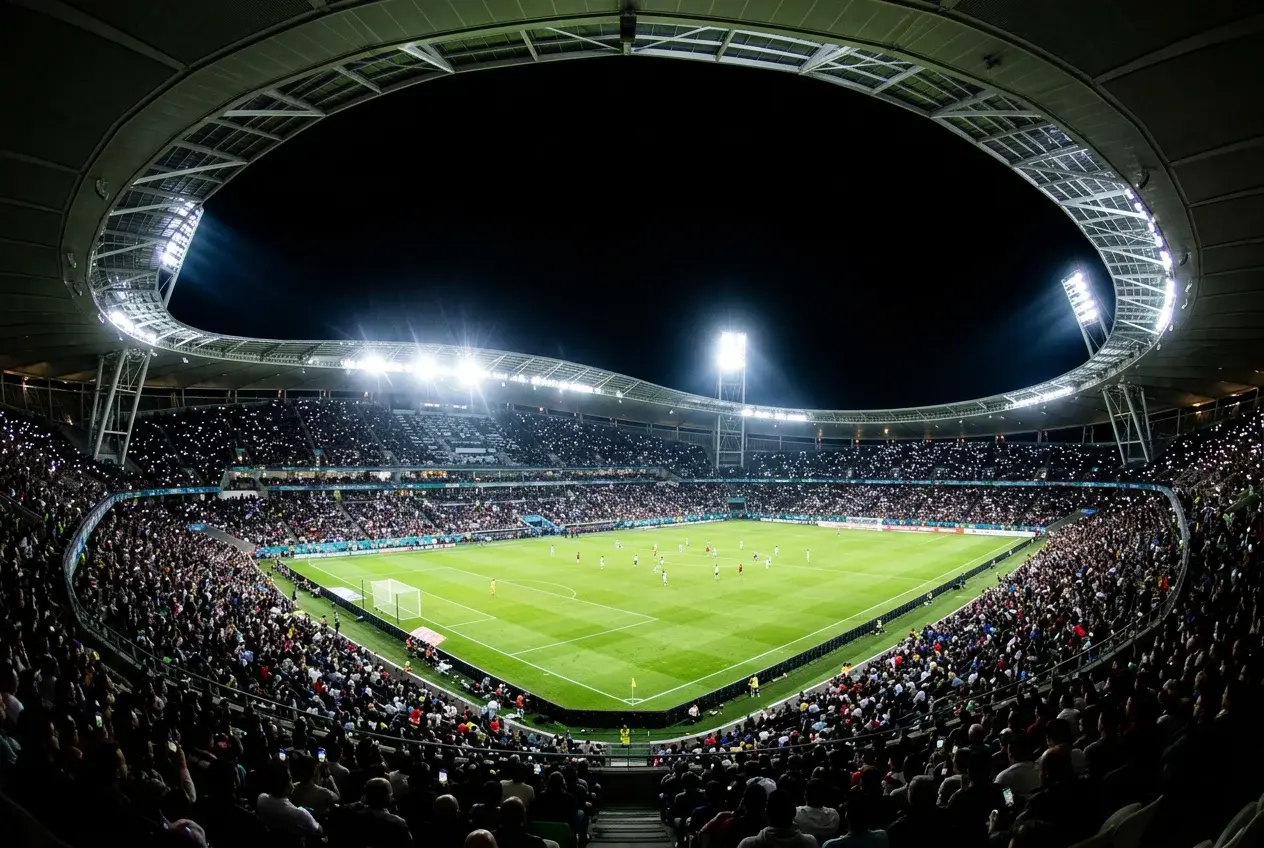 Nogometni teren osvijetljen reflektorima tijekom večernje utakmice na velikom stadionu