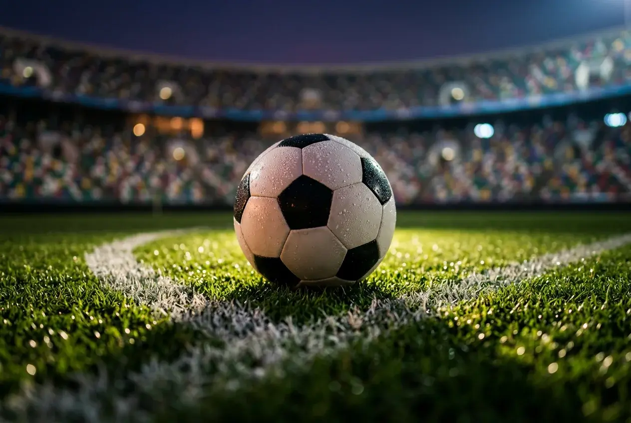 Nogometna lopta na zelenom terenu pod reflektorima stadiona