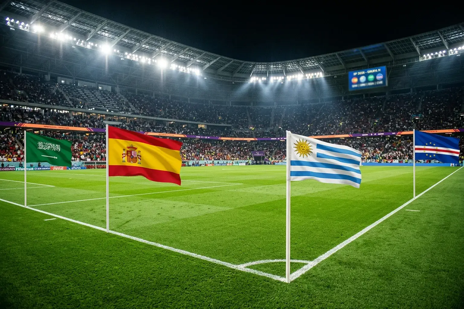 Skupina H na Svjetskom prvenstvu 2026 sa zastavama Španjolske, Saudijske Arabije, Urugvaja i Kabo Verdea