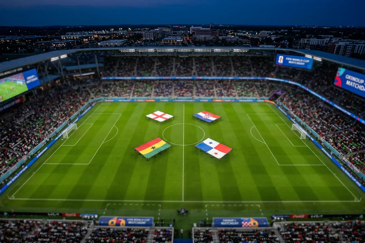 Skupina L na Svjetskom prvenstvu 2026 sa zastavama Engleske, Hrvatske, Gane i Paname